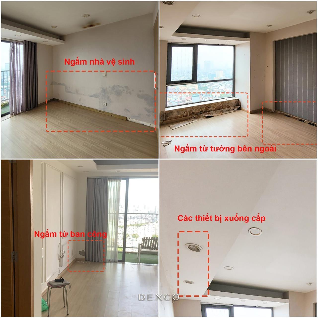 Cải tạo căn hộ Skycity 135m² xử lý thấm dột - hiện trạng thấm dột và thiết bị xuống cấp trước cải tạo