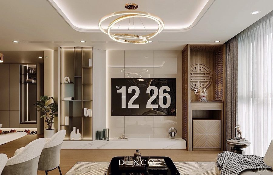 Căn hộ Modern Luxe tông trắng - phòng khách 02, thiết kế nội thất căn hộ cao cấp Dexco