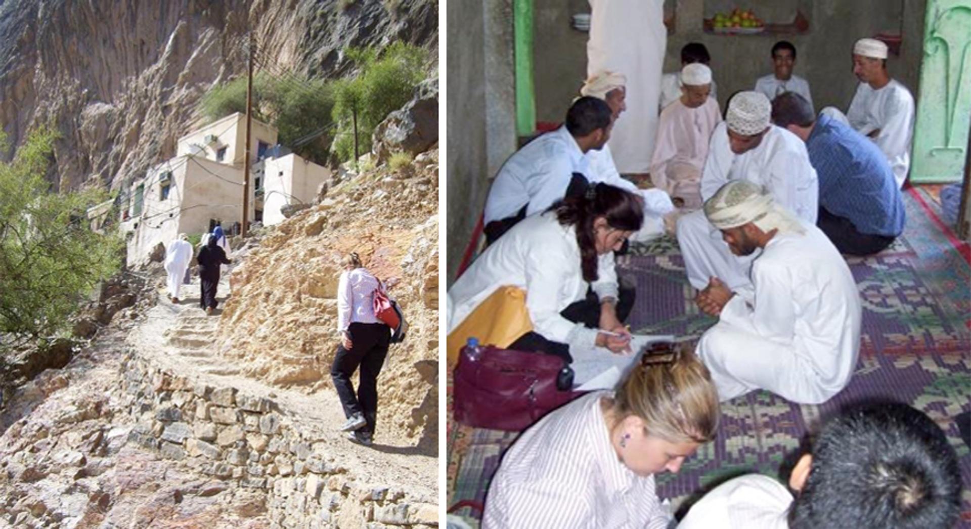 Visiting a family with a recessive cognitive disorder in the mountains of Oman, ca 2009. On the left, Chiara Manzini, a postdoc at the time, climbs the mountain. On the right, she and Muna Al Saffar, our genetic counselor, and others take family histories and prepare to take blood samples.