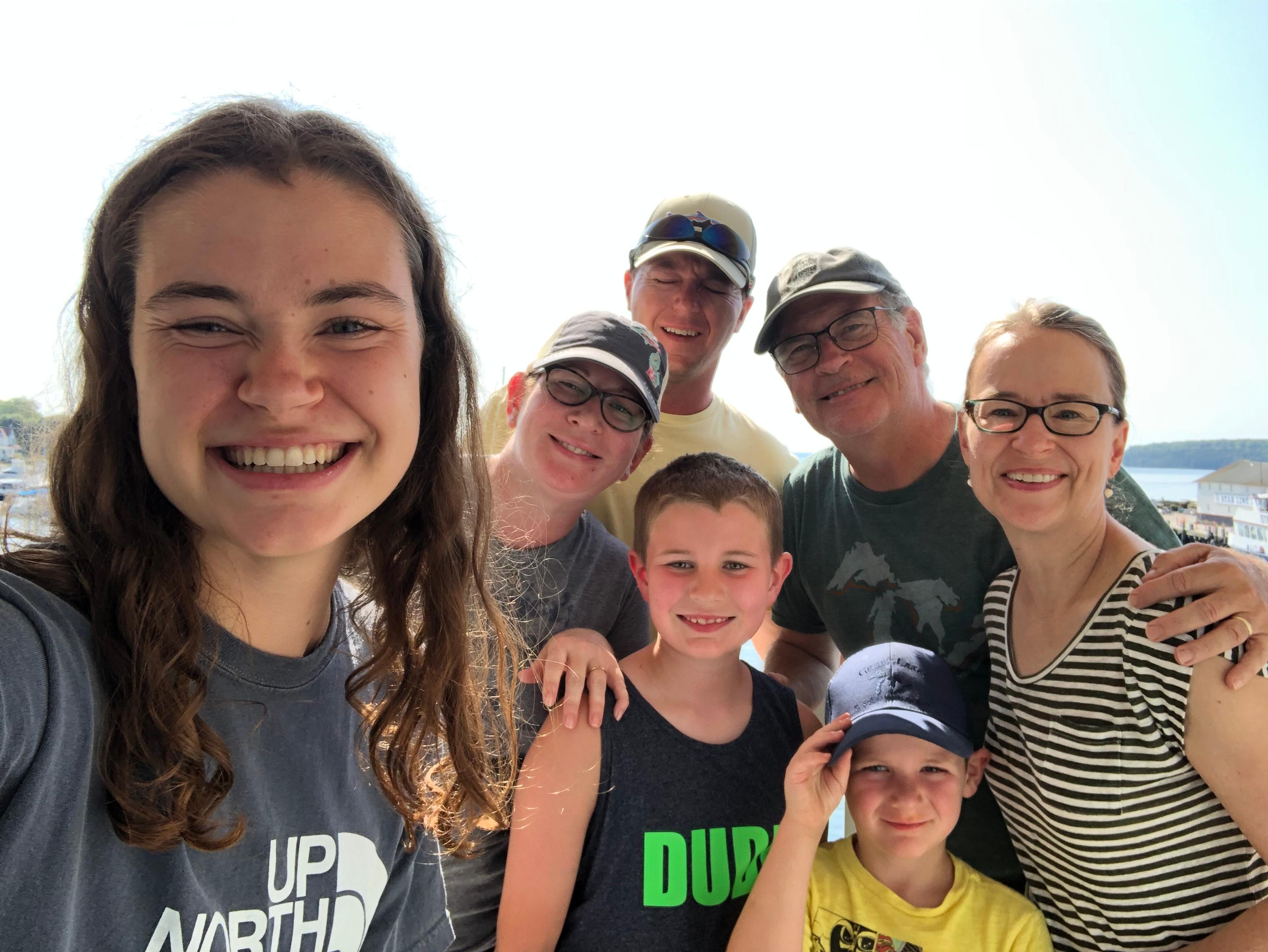 Family on Mackinaw Island, 2019. My two daughters Olivia and, son-in-law Tom, two grandsons Bennett and Jack, and my wife Bonnie