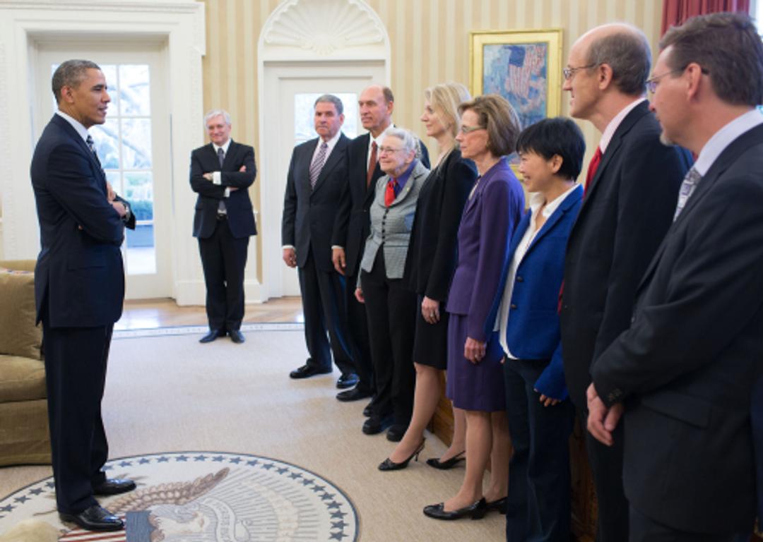 Mildred S. Dresselhaus together with the other 2012 Kavli Prize laureates and representatives from the Kavli Foundation visiting President Obama in the White House.