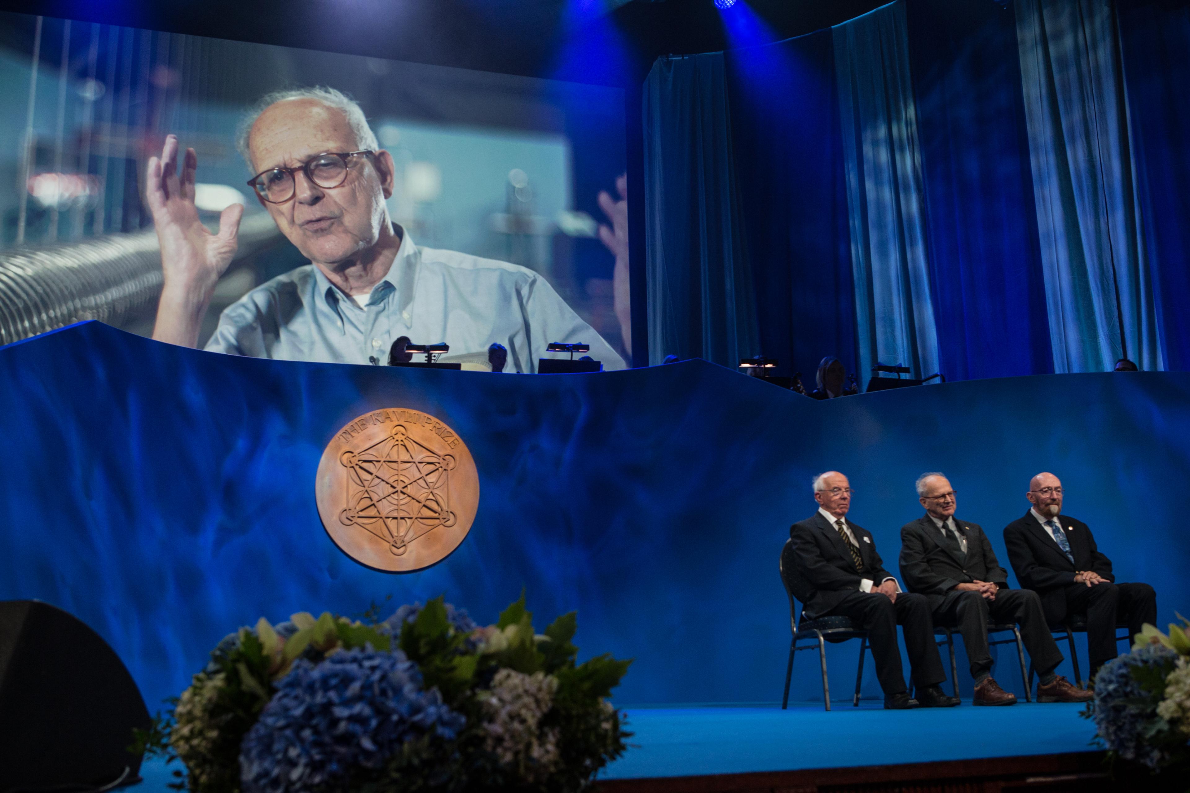 The three astrophysics laureates on stage at the ceremony in Oslo; from left Ronald W.P. Drever's representative, Rainer Weiss and Kip S. Thorne