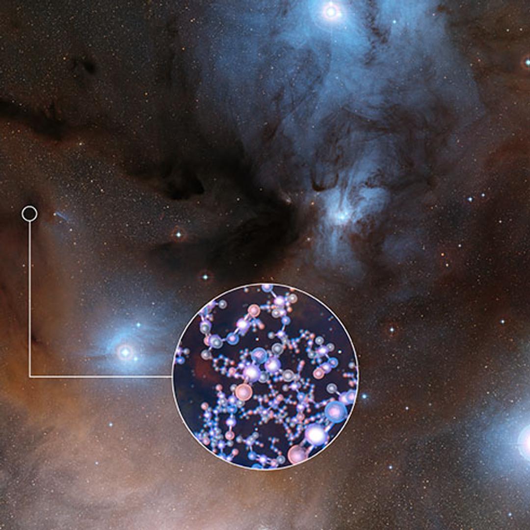 An illustration of dust clouds in space with a zoomed in section showing molecules