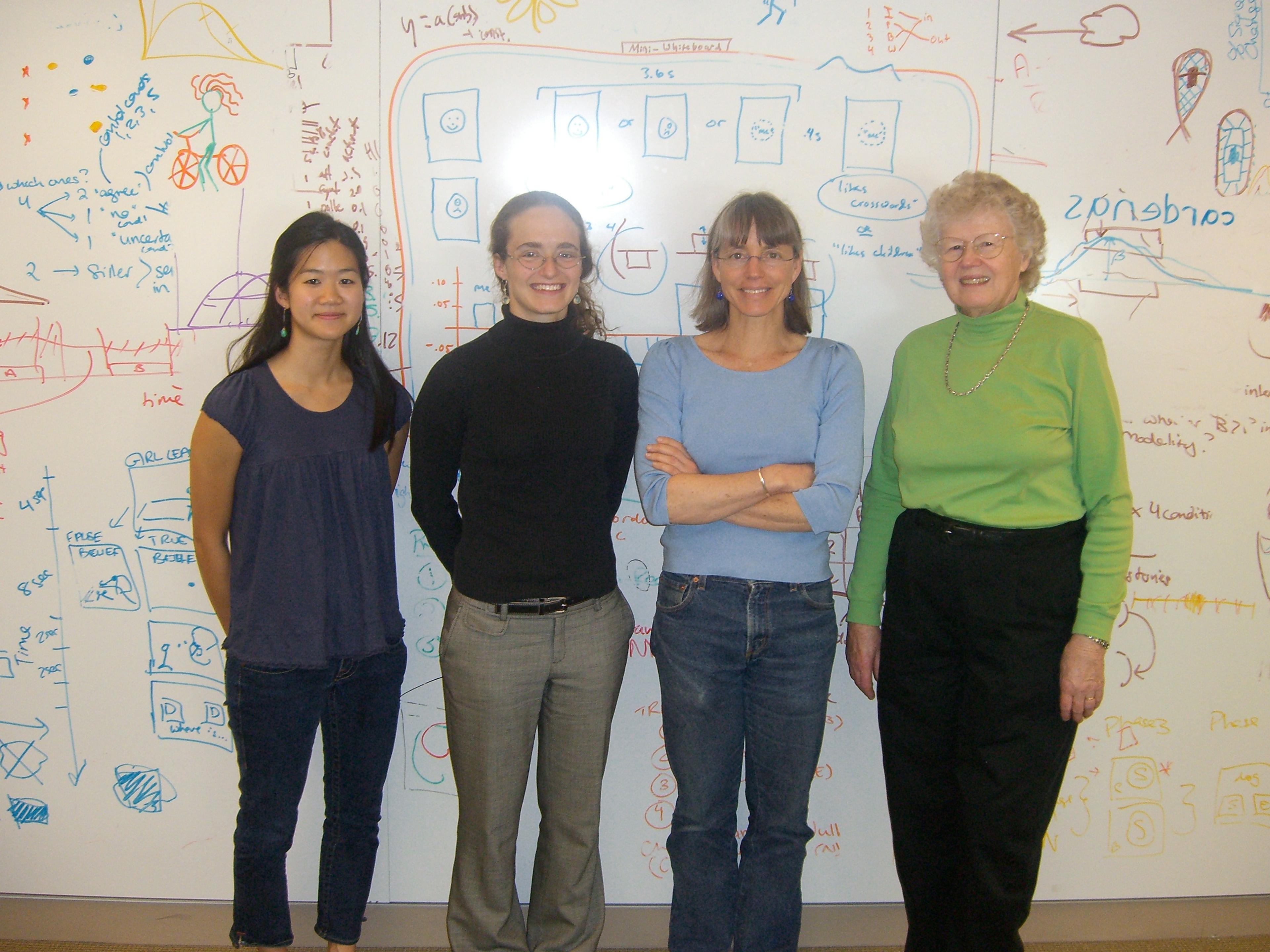 A four-generation scientific matriarchy. From right to left: My brilliant mentor and Ph.D. advisor Molly Potter, me, my superstar former Ph.D. student (and now colleague) Rebecca Saxe, on the day of the Ph.D. thesis defense of her own brilliant student Liane Young (now a professor at Boston College).