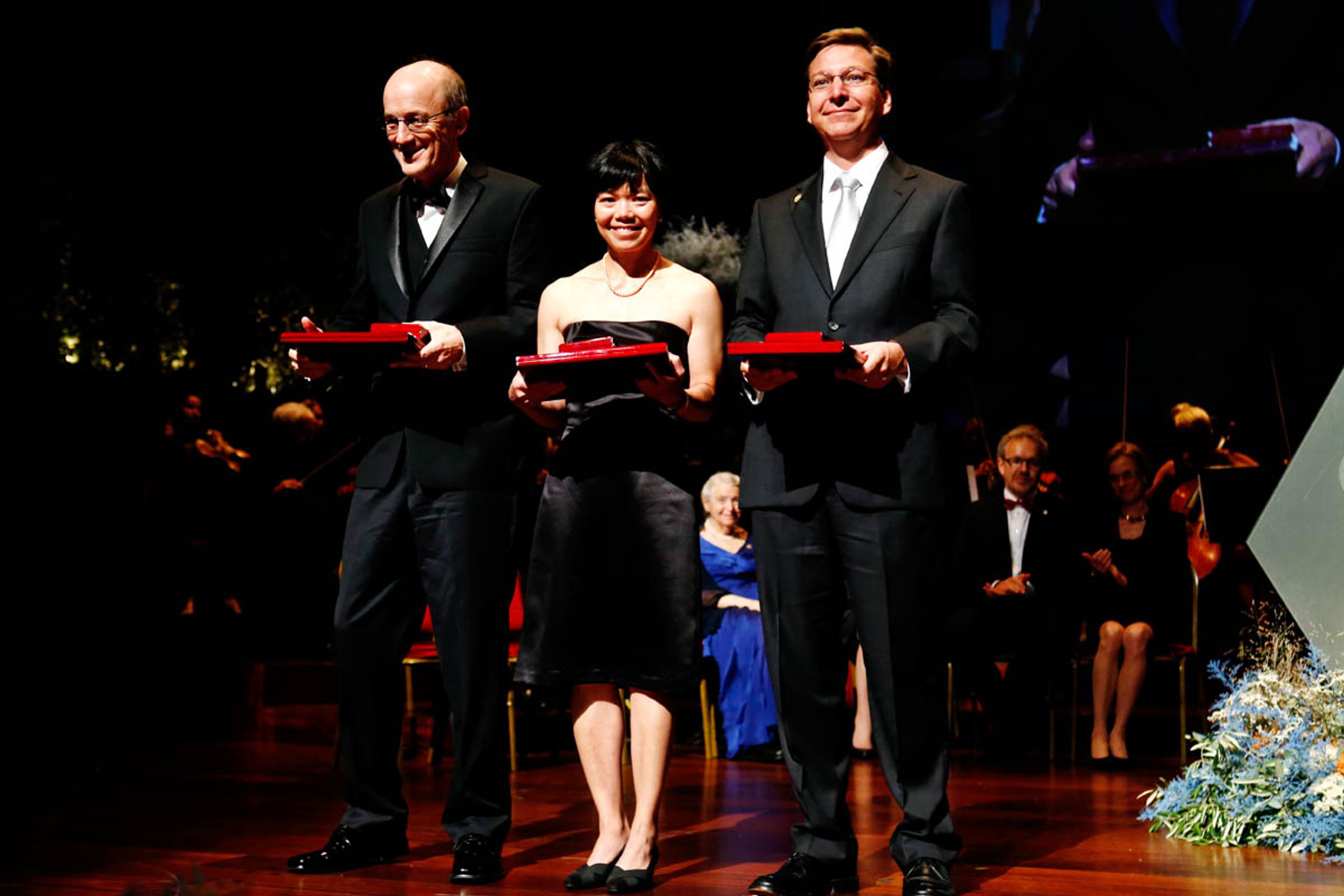2012 Kavli Prize Astrophysics laureates at the ceremony in Oslo, from left: David C. Jewitt, Jane X. Luu and Michael Edwards Brown