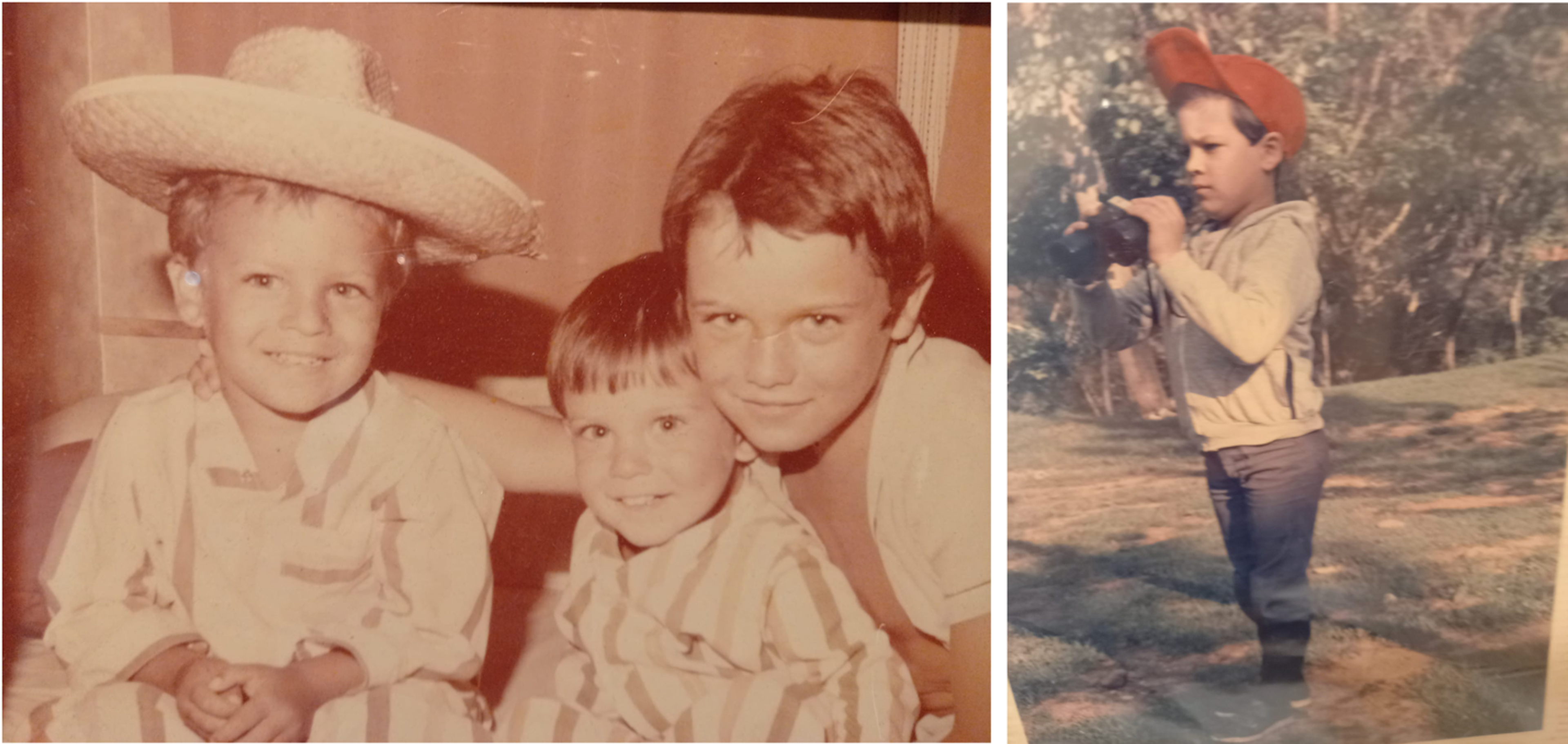 Left: Pablo (left) at age 4 with two of his brothers (Edu center and Daniel right) inside the caravan at the campground where he used to spend his summers enjoying nature.
Right: Pablo looking at mountain goats with binoculars during his trip to the Sierra de Cazorla with his father when he was 7 years old.
