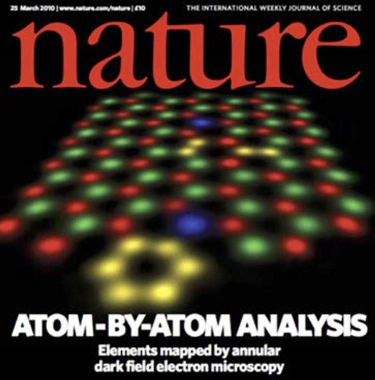 Fig. 4.   Cover of the March 25, 2010 issue of Nature. It shows a medium angle annular dark field (MAADF) STEM image of monolayer BN with atomic substitutions. The experimental image was colorized to correspond to the types of atoms that were identified using image intensities, and rendered in a perspective view. Red = B (boron), yellow = C, green = 