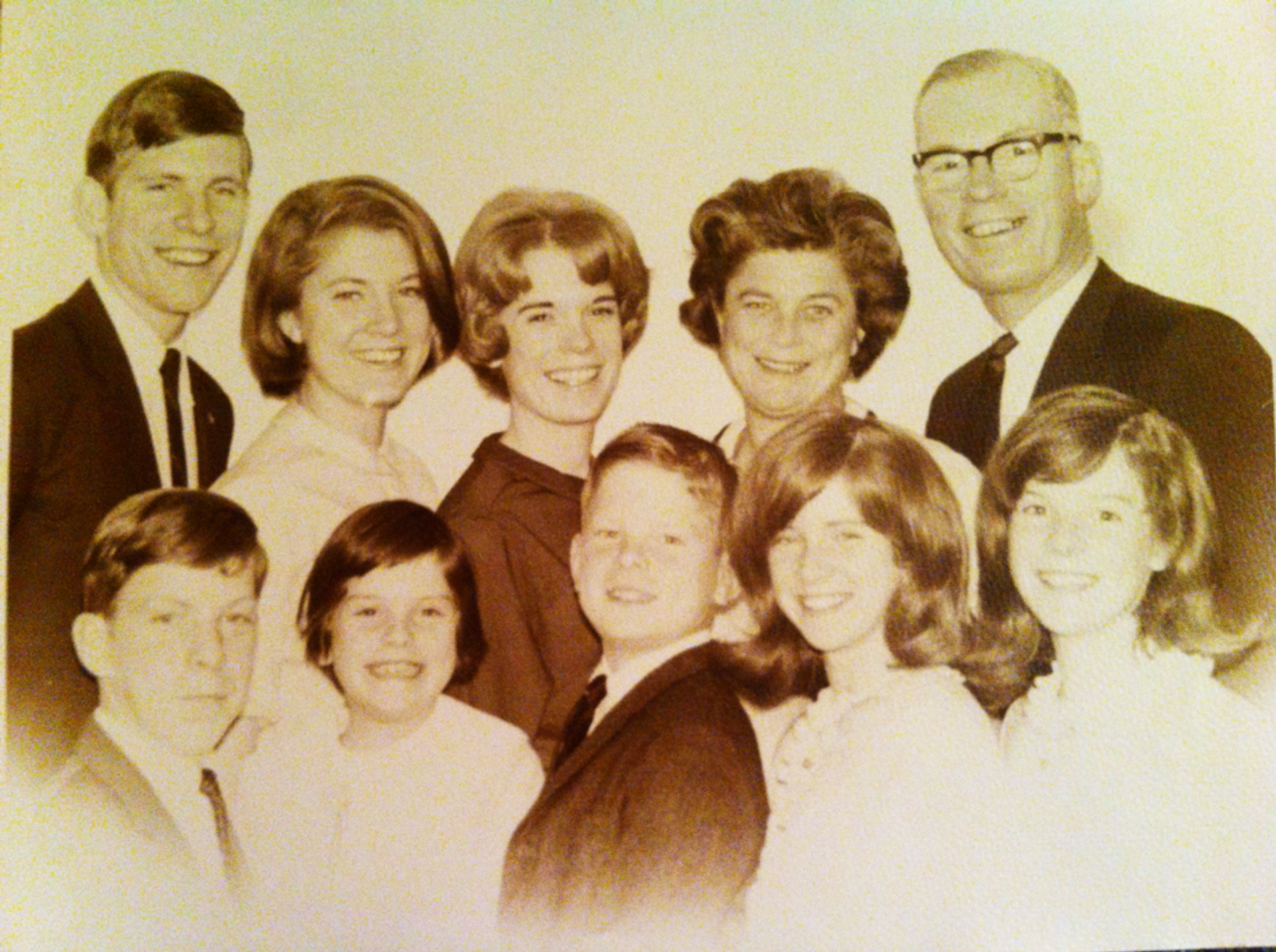 The Walsh family in the 1960s. Front row: Vincent, Arleen, Chris, Ellen, and Frances. Second row; James, Julie, Isabelle, and my parents Arleen Andersen Walsh and James Joseph Walsh.