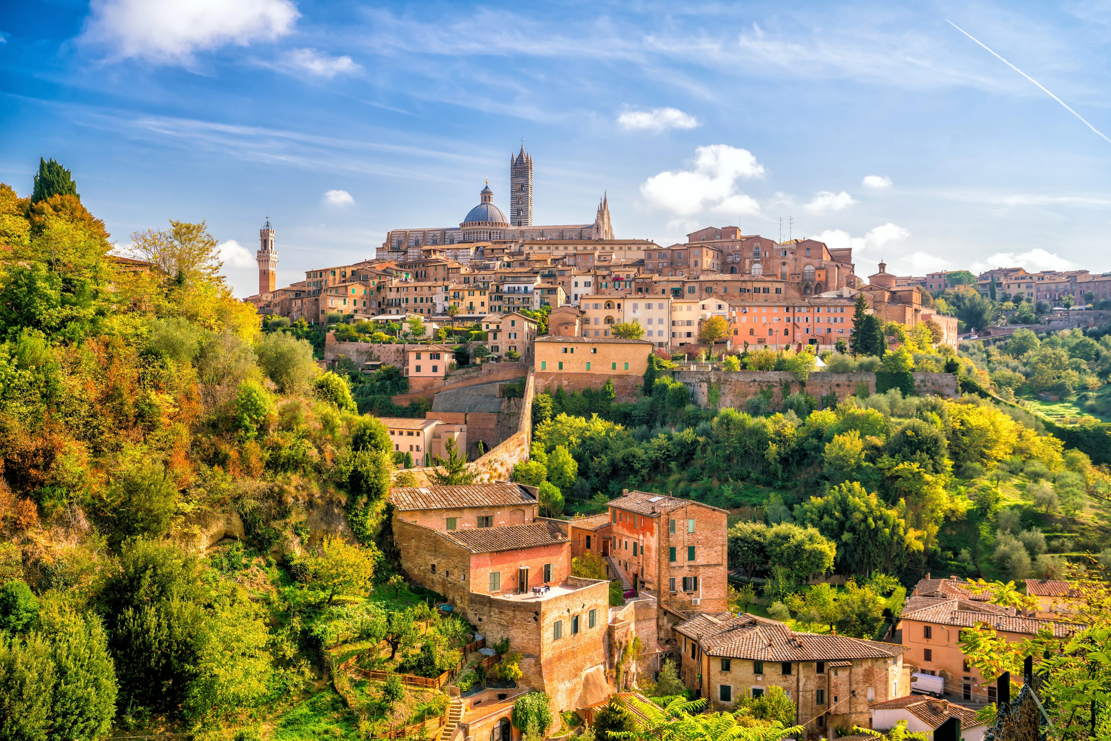 Panoramic view of the historic city of Siena, Italy, built on green hillsides under a blue sky.