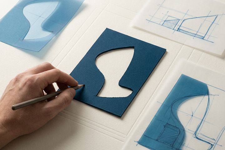 A hand selects a paper-cut brand symbol beside translucent blue design variations on a warm paper worktable.
