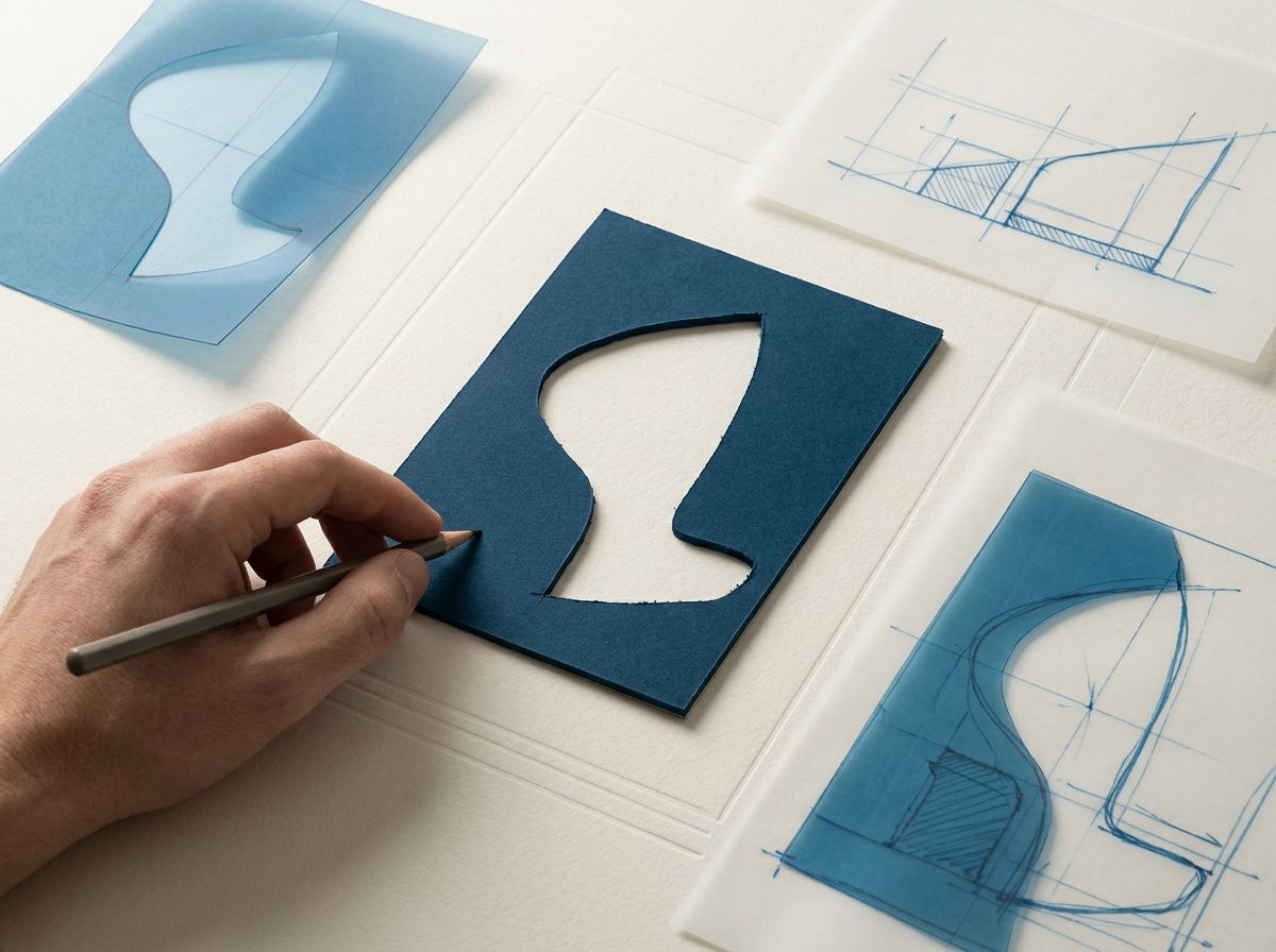 A hand selects a paper-cut brand symbol beside translucent blue design variations on a warm paper worktable.