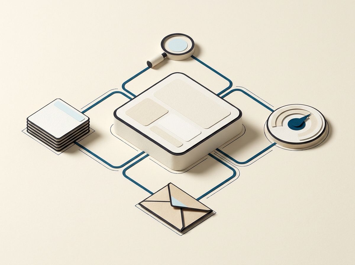 A miniature paper website structure connects content, search, measurement and customer follow-up elements through blue pathways.