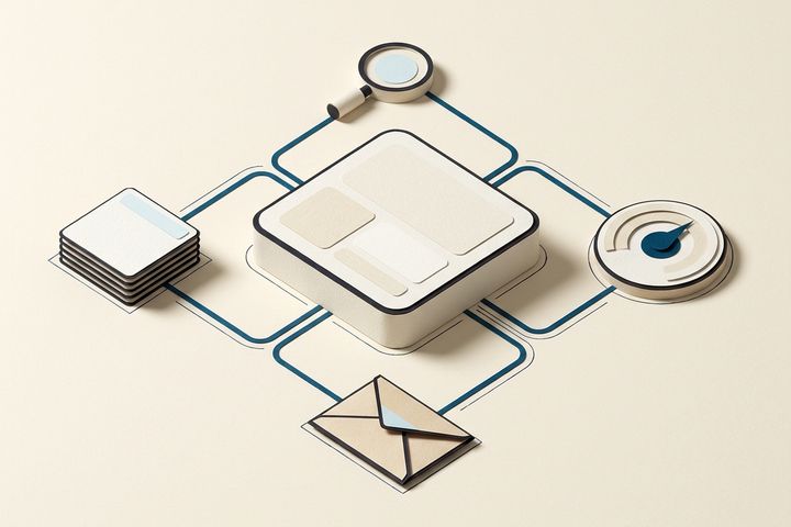 A miniature paper website structure connects content, search, measurement and customer follow-up elements through blue pathways.