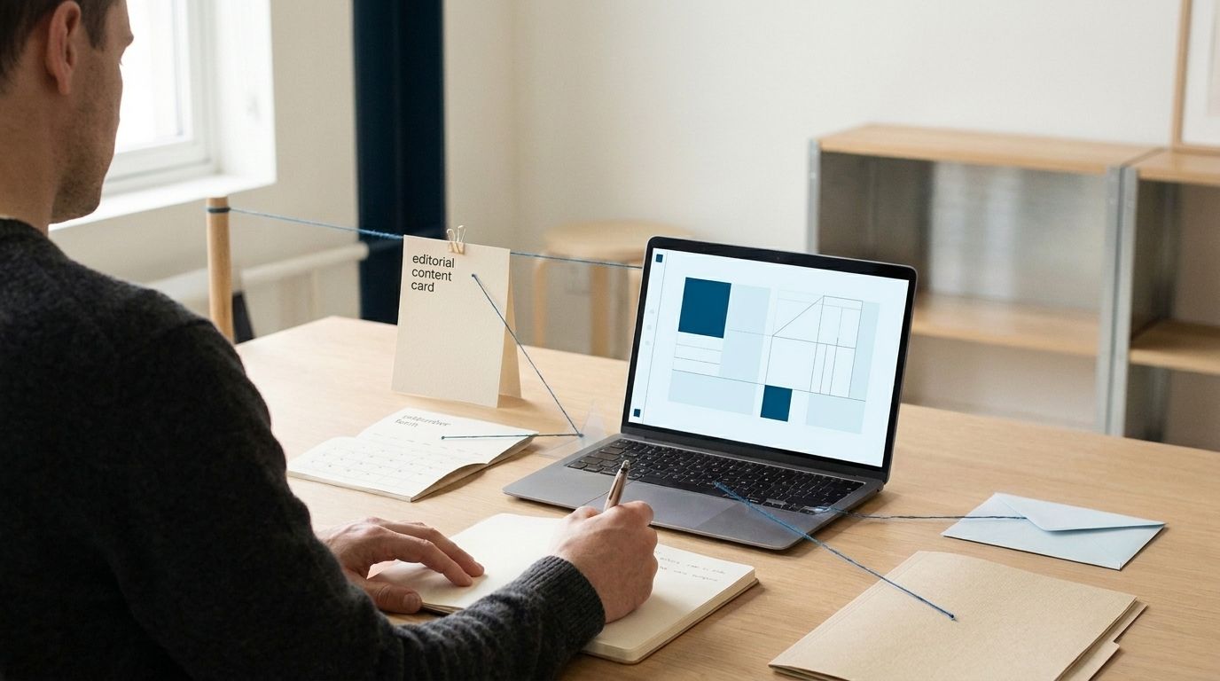 An independent professional works at a desk surrounded by subtle blue connections linking content, scheduling and client tasks.