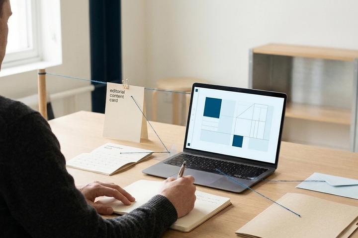 An independent professional works at a desk surrounded by subtle blue connections linking content, scheduling and client tasks.