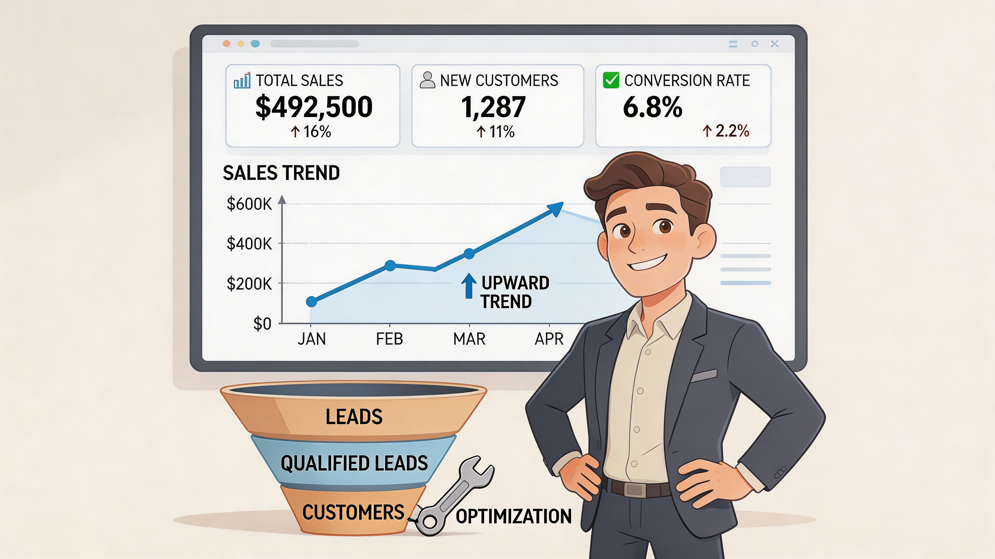 A professional businessman presenting a sales dashboard showing growth trends, customer acquisition data, and sales funnel optimization.