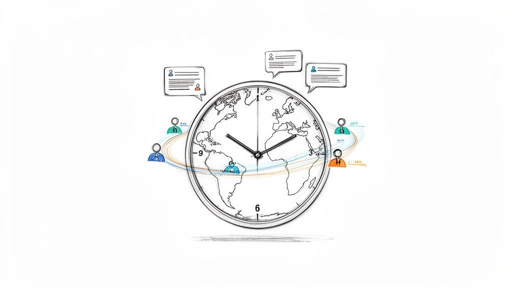 A global clock with a world map, surrounded by diverse user icons and chat bubbles, illustrating worldwide communication and time zones.