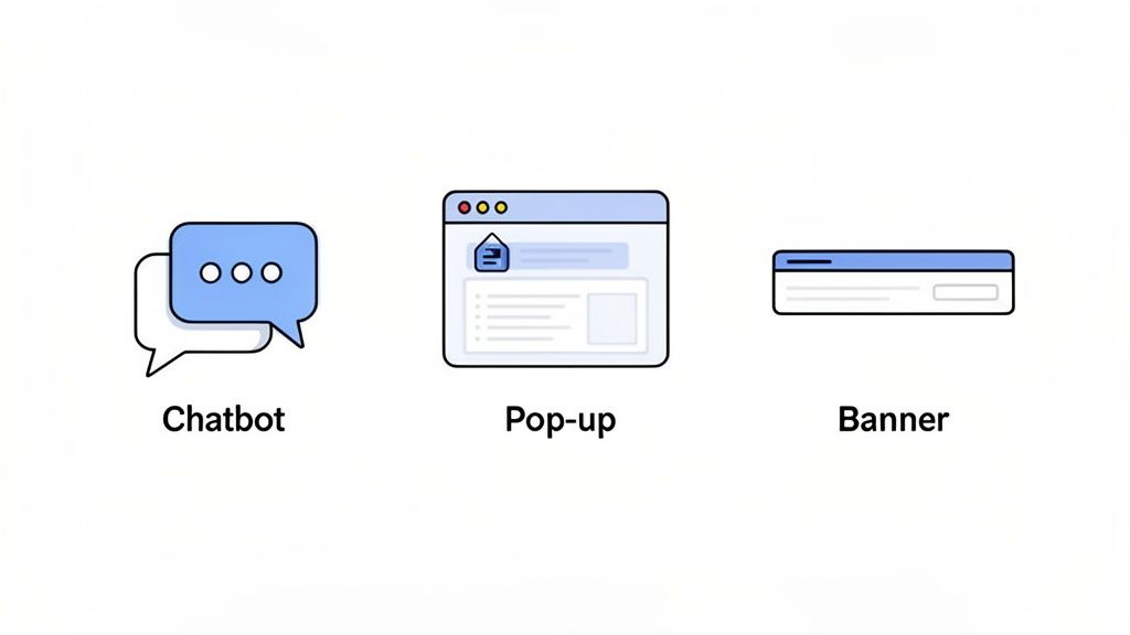 Illustrations of a chatbot, a pop-up window, and a banner, representing different web elements.