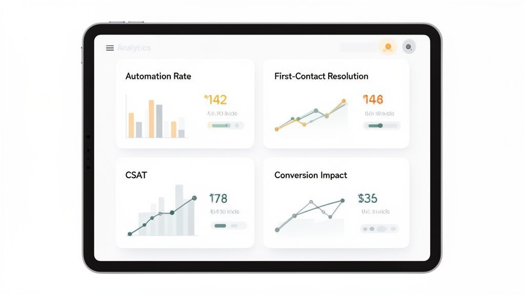 A tablet displaying an analytics dashboard with charts for automation rate, customer satisfaction, and conversion impact.