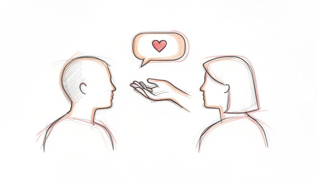 An illustration of two people, one extending a hand with a speech bubble showing a heart to the other.