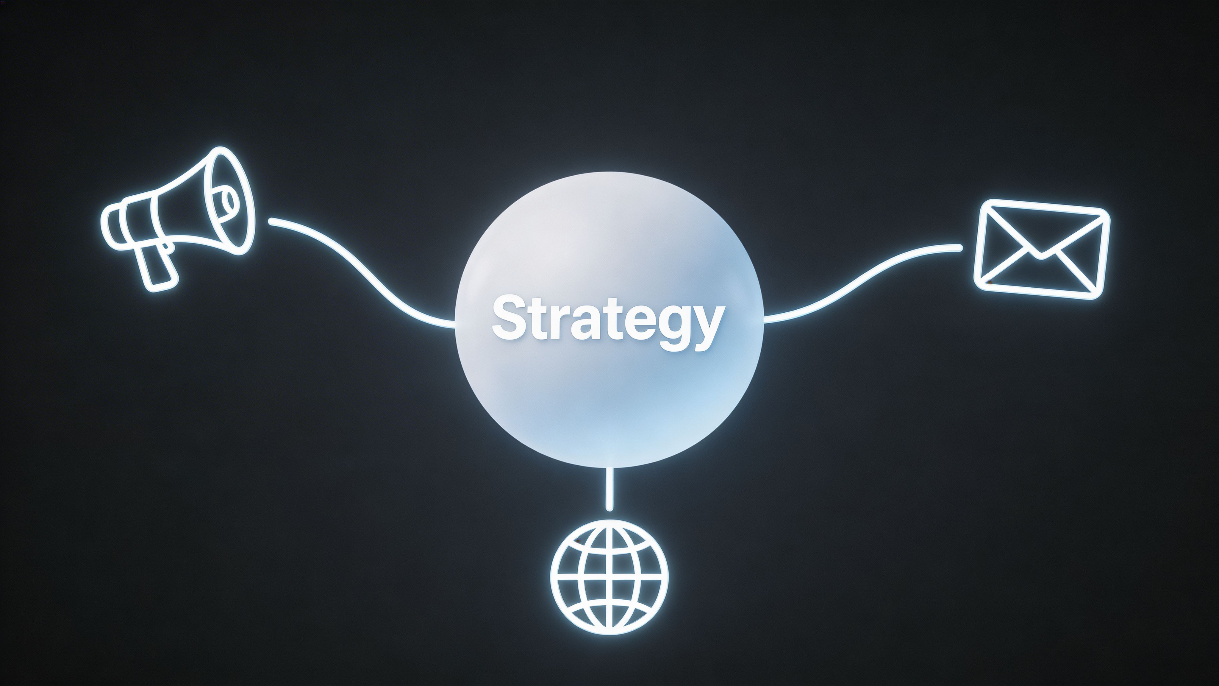 A central glowing orb labeled Strategy connecting to a megaphone, an email icon, and a global network symbol.
