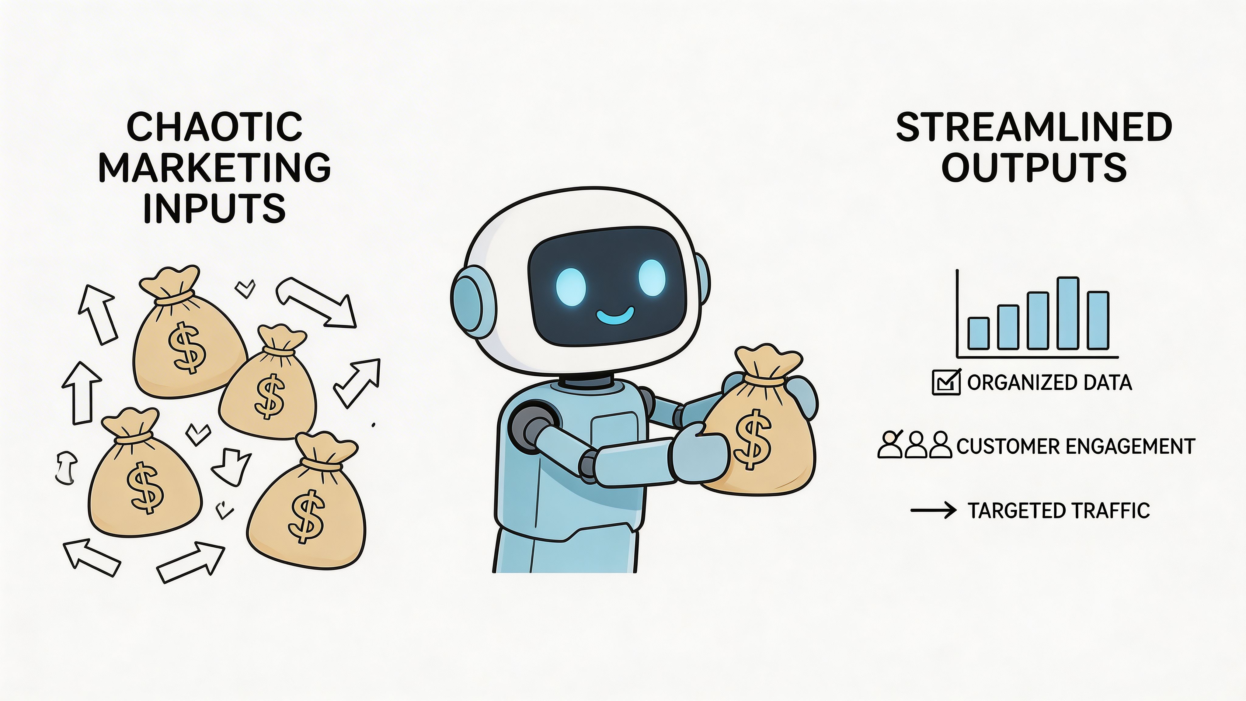 A friendly robot processing chaotic financial marketing inputs into organized data, customer engagement, and targeted traffic growth.