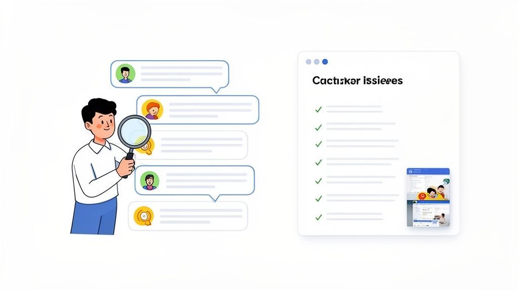 A cartoon man with a magnifying glass reviews chat bubbles, next to a document with a checklist of issues.