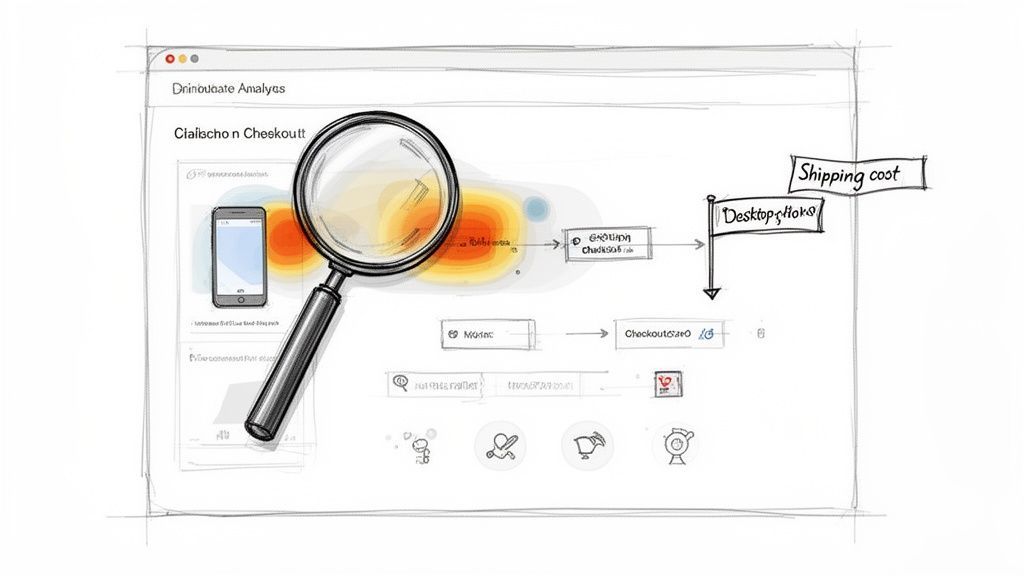 A sketched analytics dashboard showing a heatmap over a mobile checkout process and a user flow with shipping cost details.