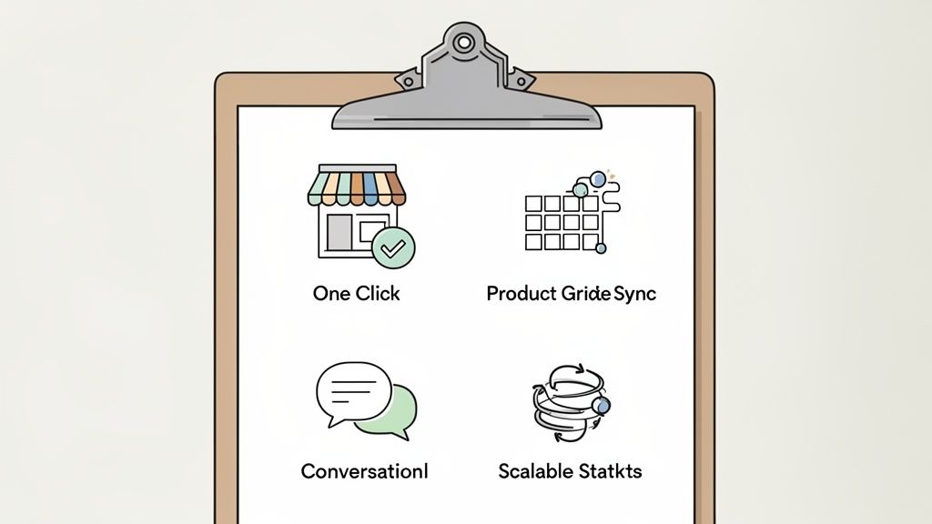 A clipboard displaying four business features: One Click, Product Gride Sync, Conversationl, and Scalable Statkts.