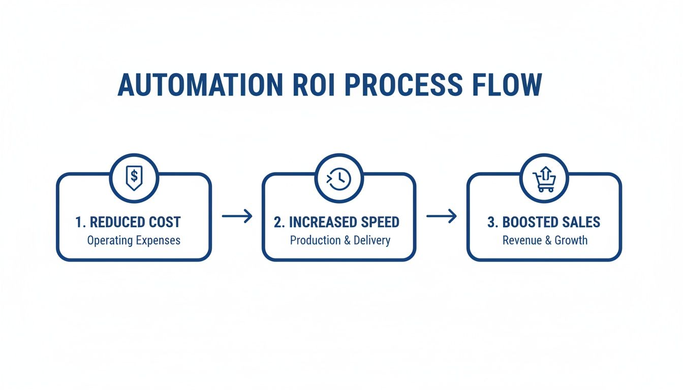 An automation ROI process flow diagram illustrating reduced cost, increased speed, and boosted sales.