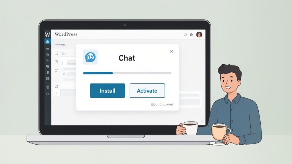 A man sips coffee while a laptop shows WordPress dashboard with a 'Chat' plugin install/activate prompt.