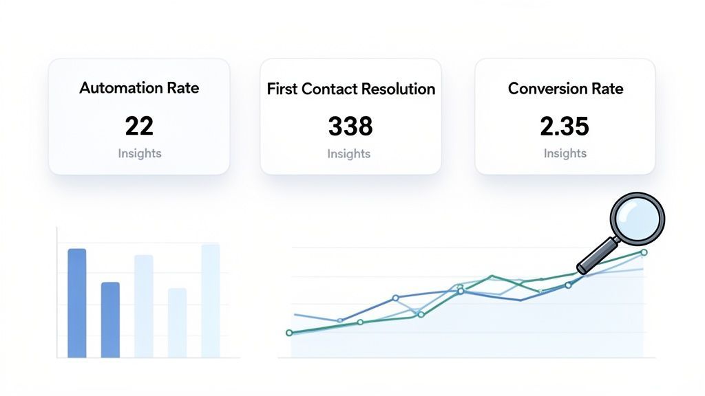 Dashboard displaying key performance indicators for customer service, including automation, resolution, and conversion rates.