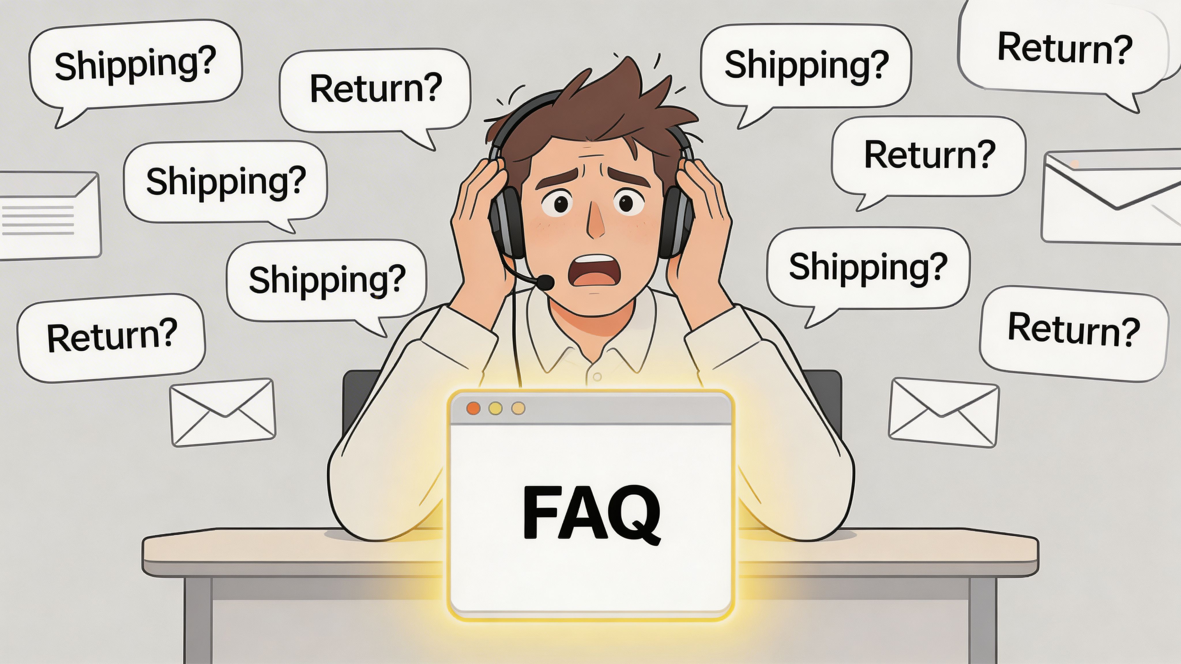 An overwhelmed customer support agent wearing a headset sits in front of a glowing FAQ screen.