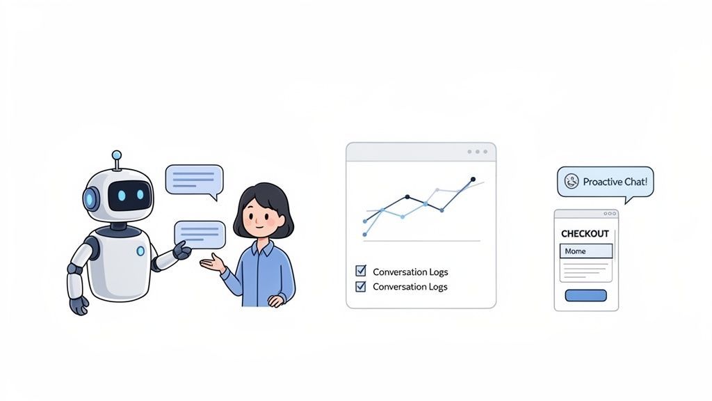 A friendly chatbot interacts with a customer, alongside analytics and a proactive chat checkout screen.