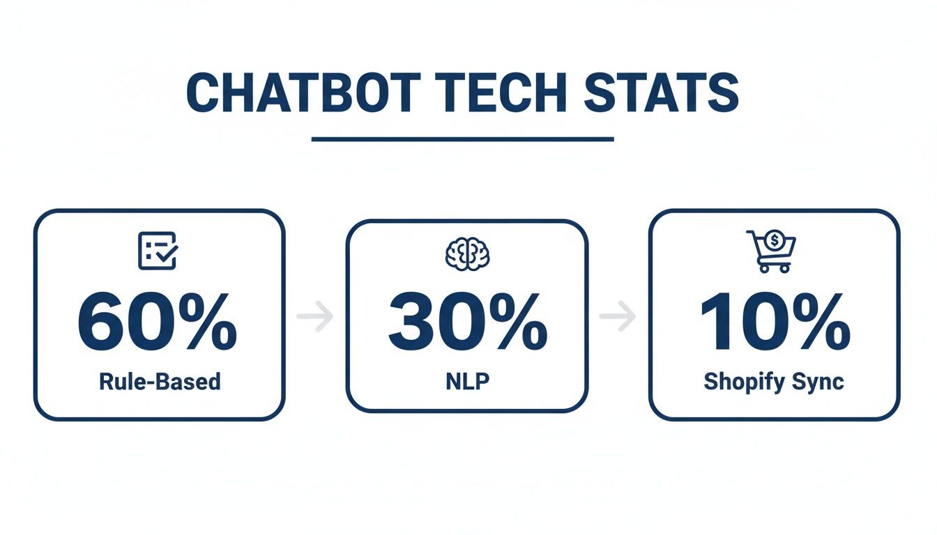 Infographic showing chatbot technology stats: 60% Rule-Based, 30% NLP, and 10% Shopify Sync.
