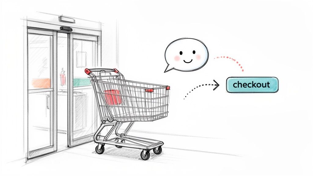 Sketch of a shopping cart by automatic doors, with a smiley speech bubble leading to a 'checkout' button.