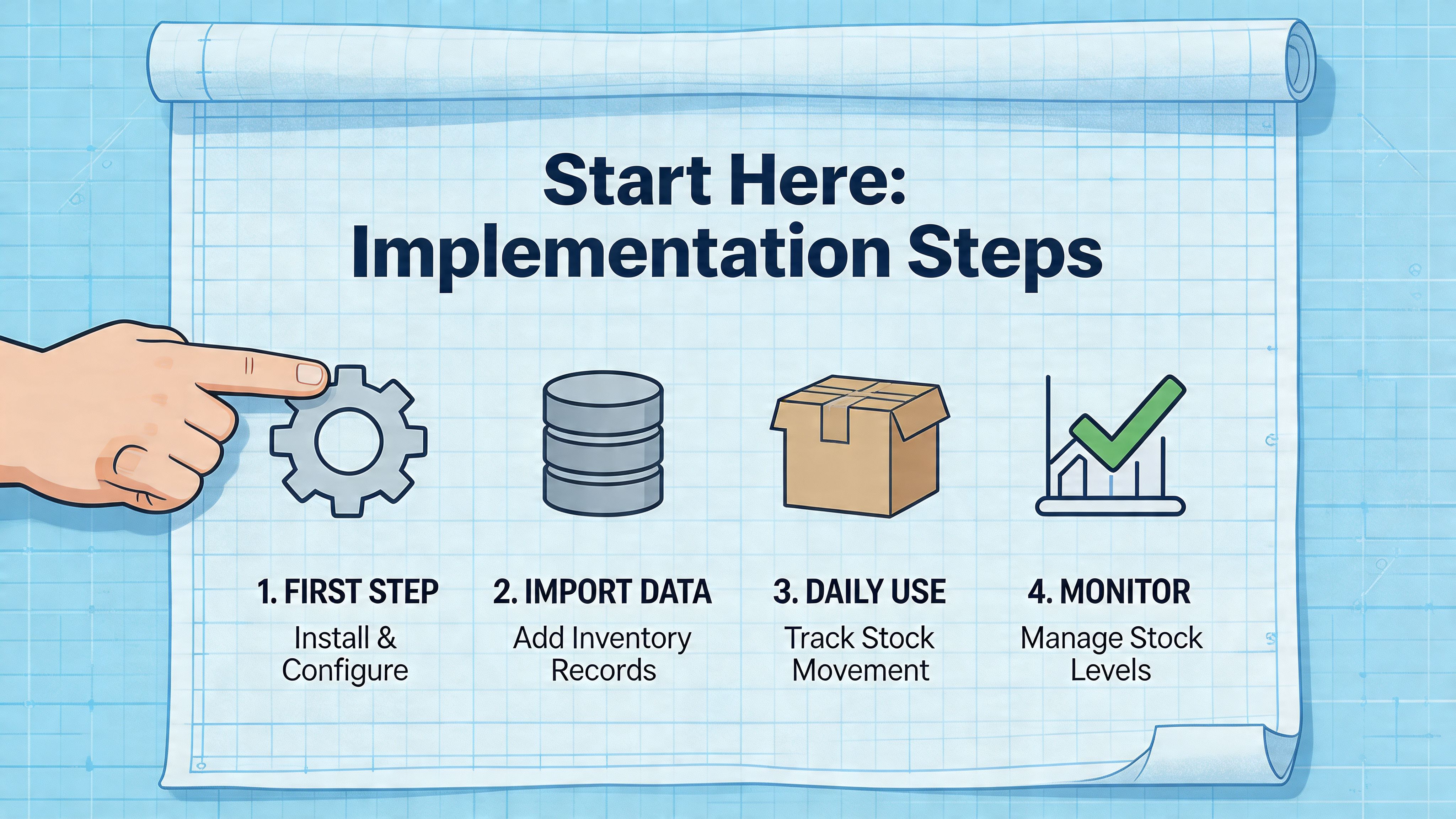 A hand pointing at four sequential steps for implementing inventory management software on a blue blueprint background.