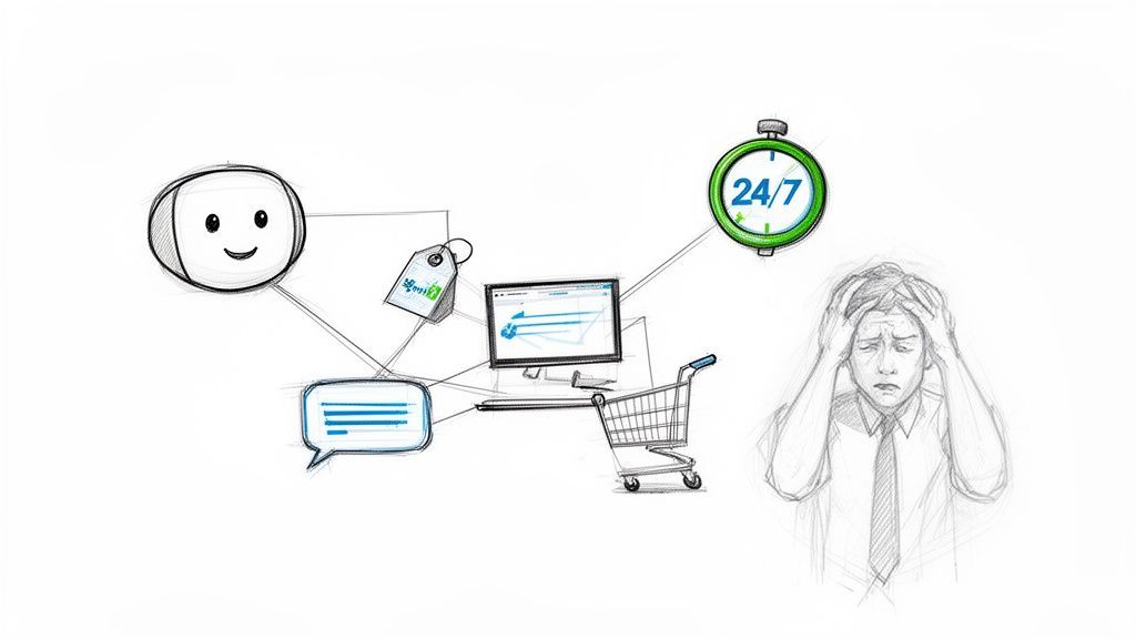 An illustration showing a smiling chatbot and online shopping elements connected to 24/7 service, contrasted with a stressed man.