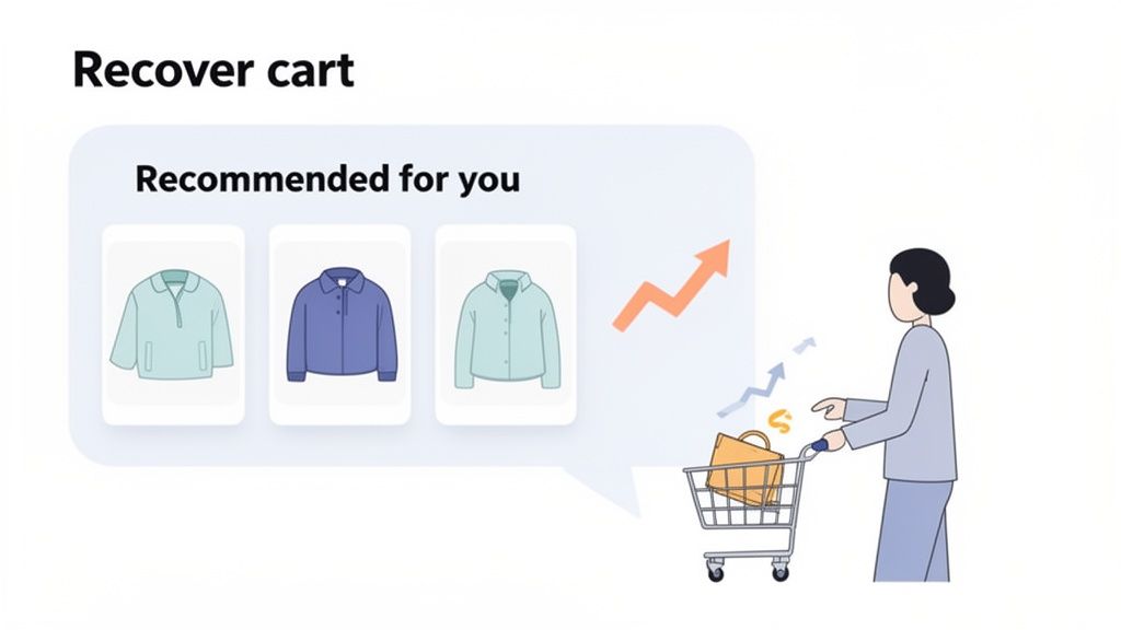 Illustration showing product recommendations and a customer recovering an abandoned shopping cart.