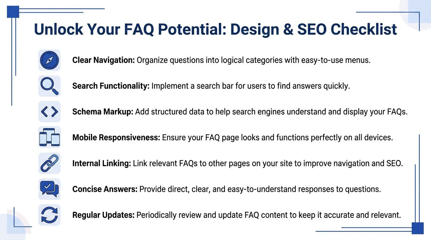 A checklist infographic titled Unlock Your FAQ Potential highlighting design and SEO best practices for websites.