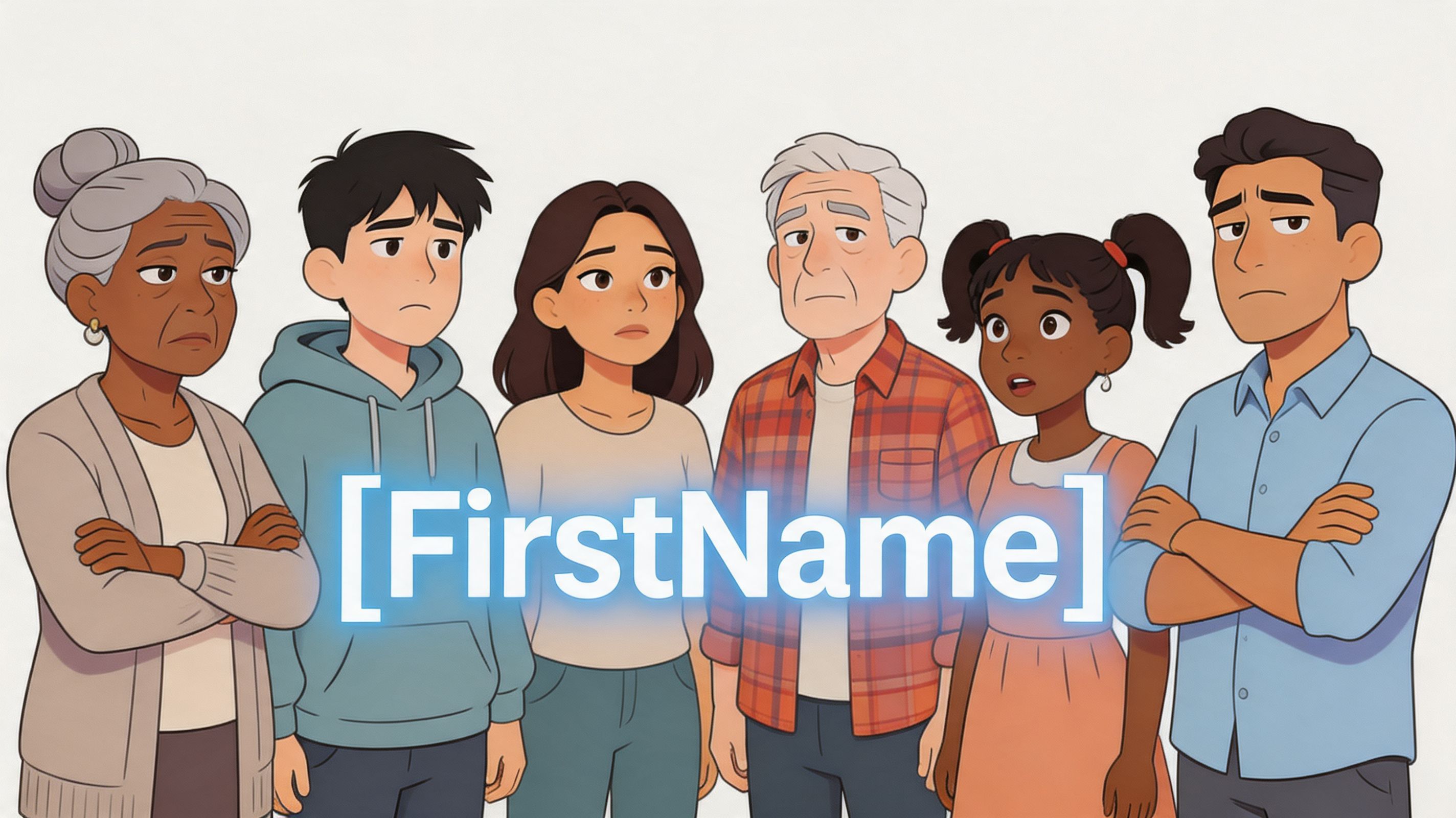 A diverse group of six cartoon characters standing together with serious expressions, reflecting on professional communication.