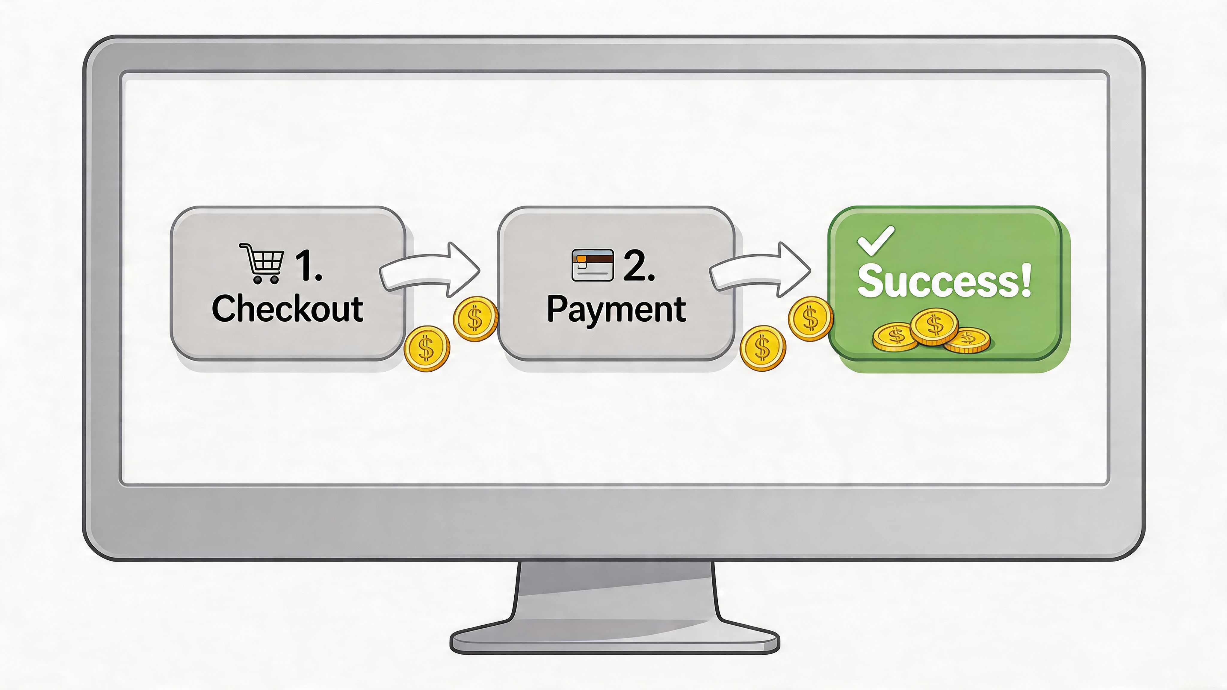 A digital graphic showing a simple three-step e-commerce process for checkout, payment, and transaction success.