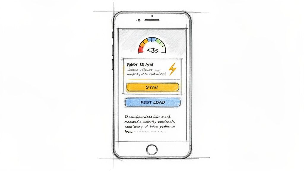 A sketch of a smartphone displaying a 'Fast Reload' app with a performance gauge and two buttons.