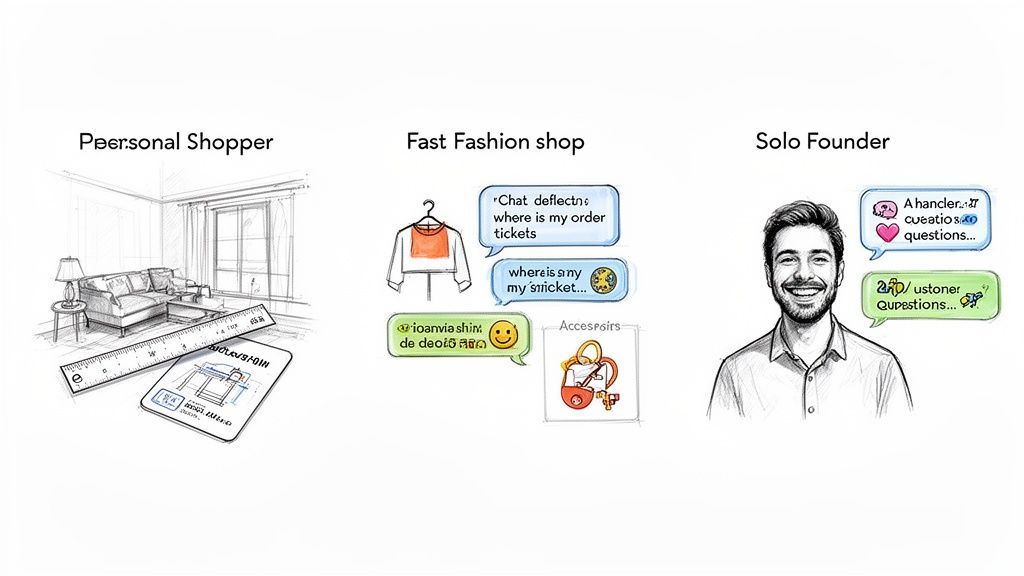 Illustration showing three business scenarios: personal shopper, fast fashion customer service, and solo founder managing questions.