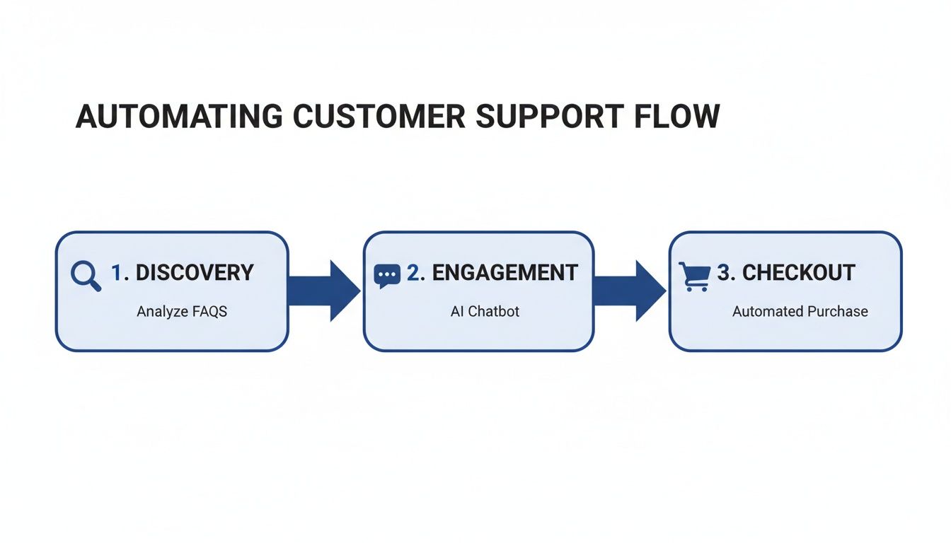 Flowchart illustrating an automated customer support process: Discovery, Engagement via AI Chatbot, and Checkout.