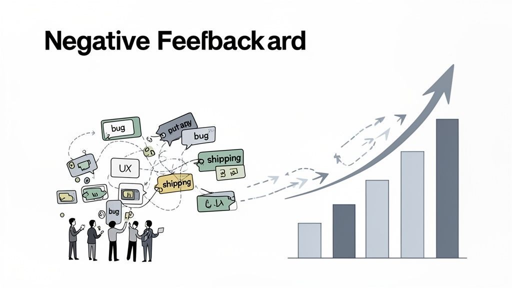 Team discusses negative feedback (bugs, UX, shipping) leading to a positive growth chart.