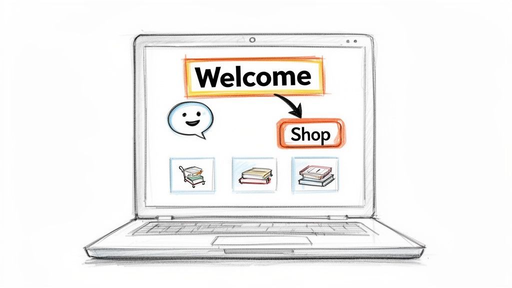Hand-drawn laptop screen displaying a 'Welcome' message, a 'Shop' button, and e-commerce product icons.