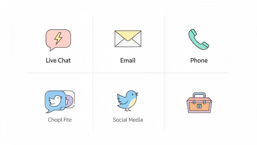 Six icons representing various communication methods: live chat, email, phone, 'Chopt Fite', social media, and a toolbox.