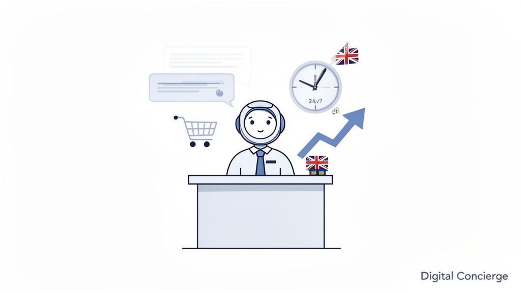 A friendly AI robot at a desk, surrounded by icons representing 24/7 digital customer service, shopping, and growth.