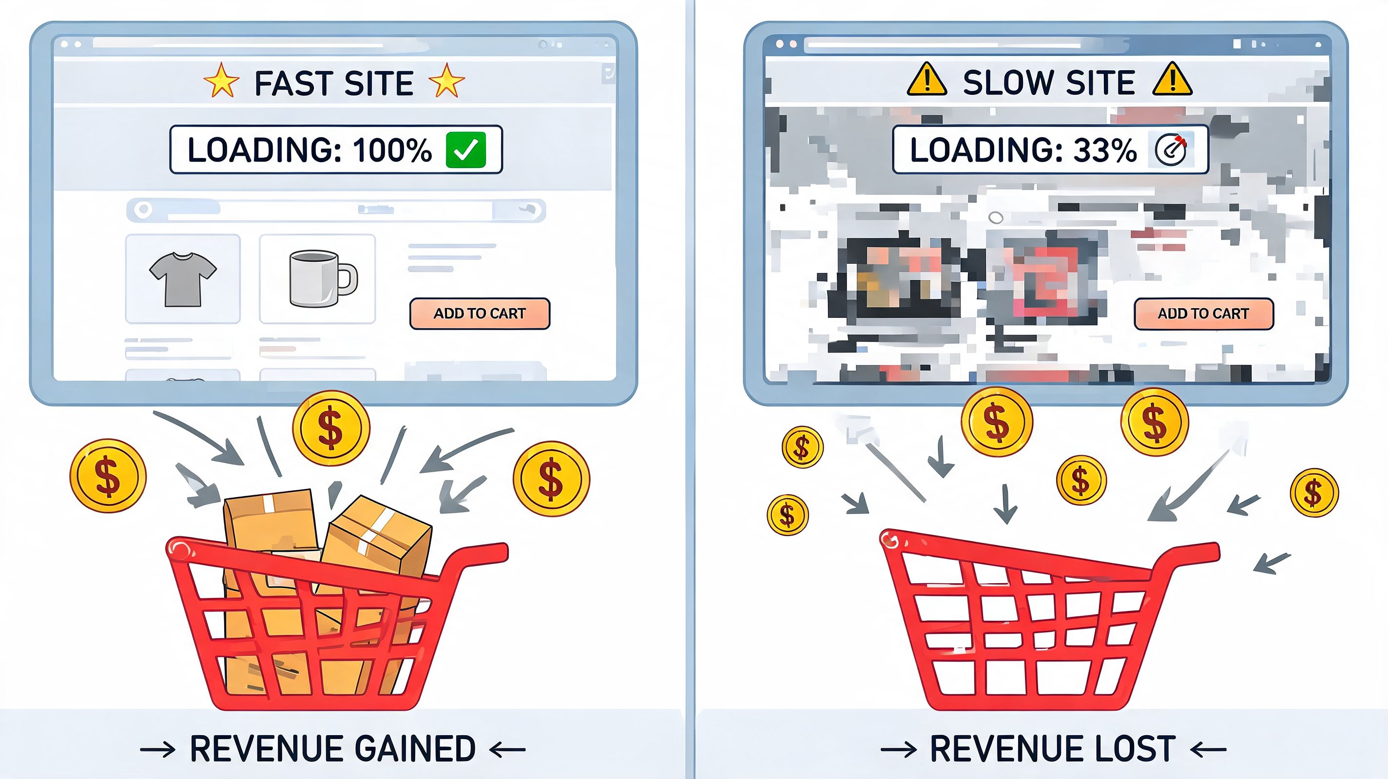 A comparison showing a fast-loading website leads to revenue gains while a slow website causes lost sales.